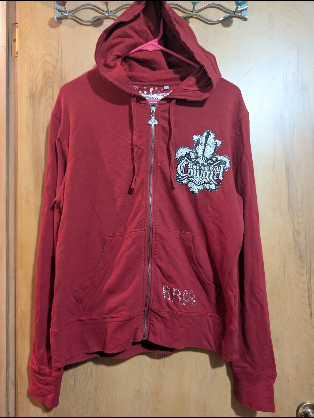 Rock & Roll Cowgirl Red Hoodie with Silver Crest Print